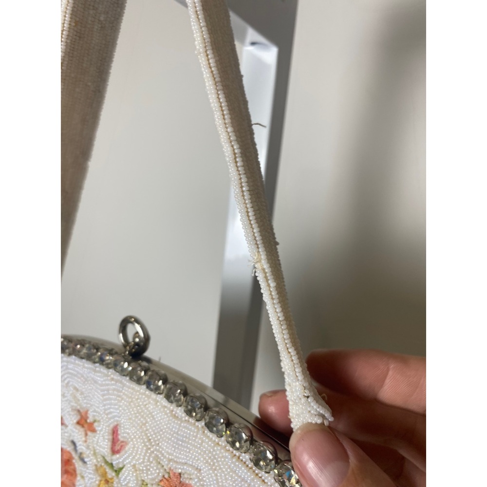 Vintage 1930's Floral Beaded Evening Bag Rhinestone Frame White Cream Purse - Picture 4 of 10